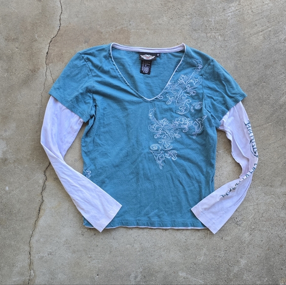 vtg y2k harley davidson cyber grunge Embroidered  long sleeve shirt - Picture 1 of 6